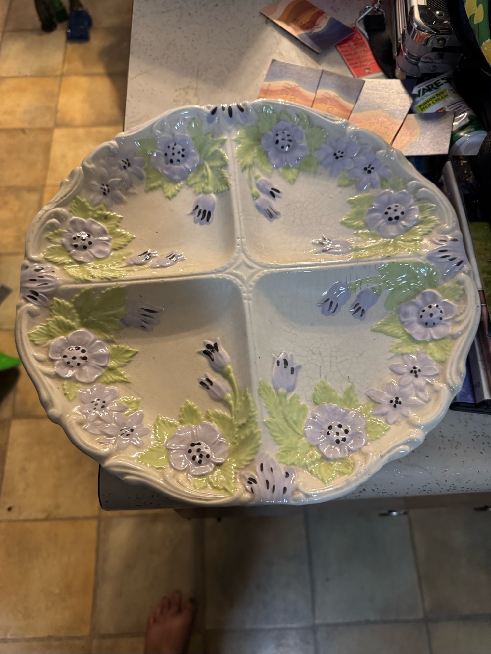 Vintage Purple Floral Ceramic 4 Section Relish Serving Tray Platter
